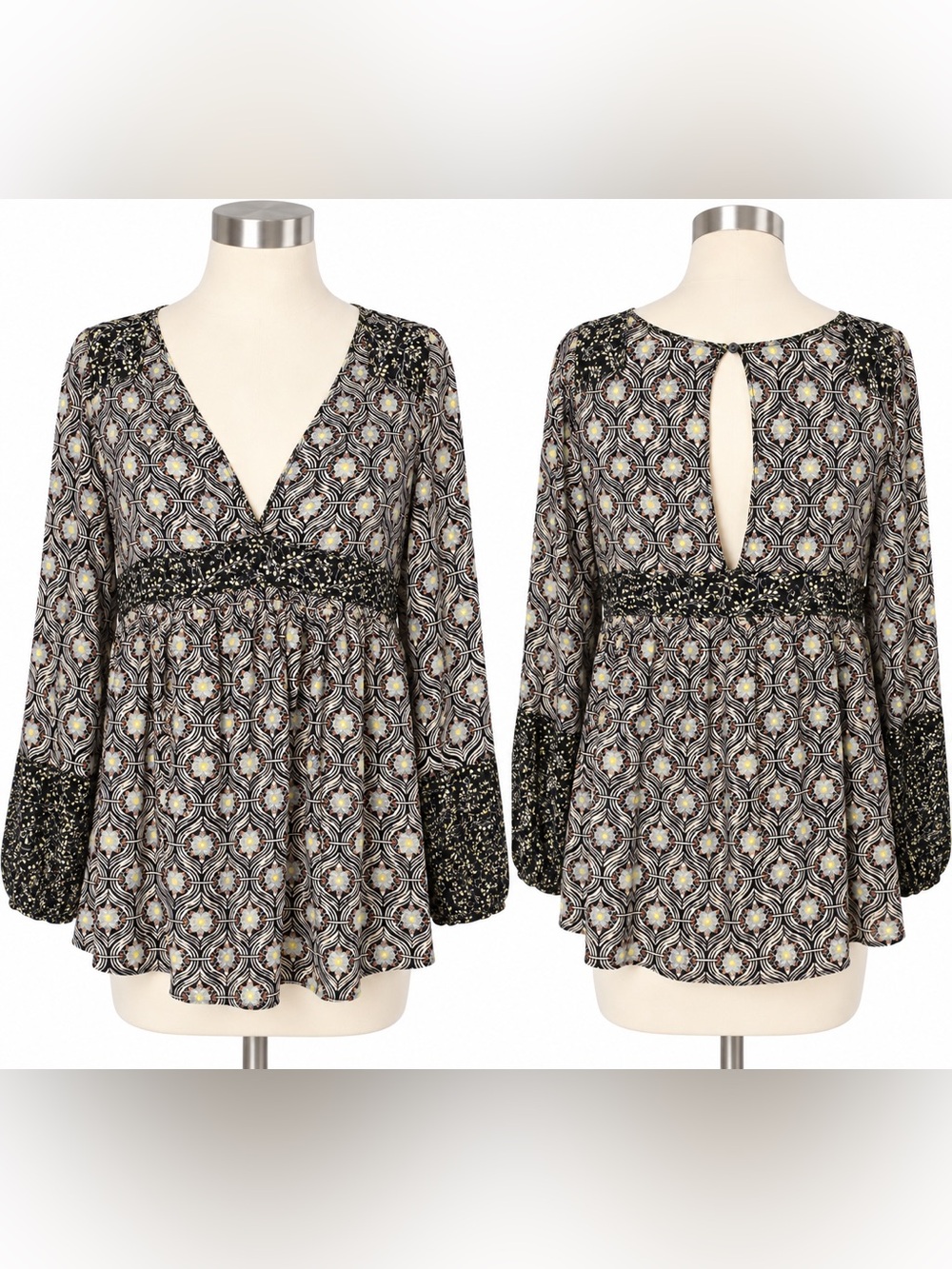Free People Boho Mixed Print V-Neck Long Sleeve Flowy Blouse